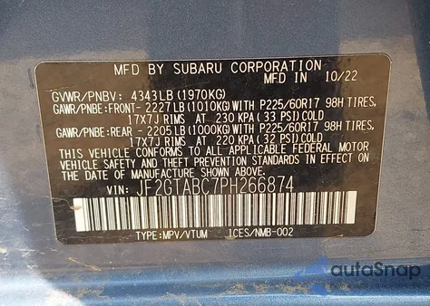 2023 Subaru Crosstrek из США, поврежденный, VIN JF2GTABC7PH266874